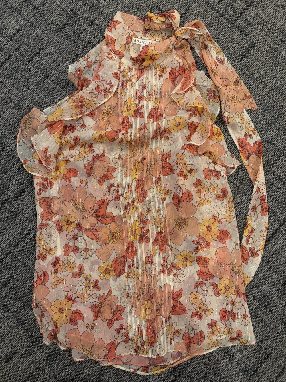 Veronica Beard Floral Tie-Neck Sleeveless Blouse - Peach Multi